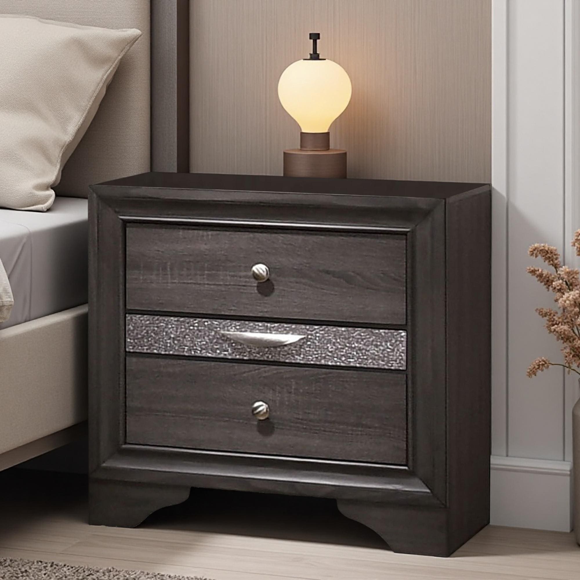 26"L Nightstand with Silver Trim Accent, 2 Storage Drawers, Jewelry Drawer, and Bracket Feet