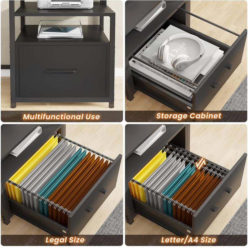 Home Computer Desk File Drawer & Power Outlet 5 Drawer Monitor Shelf