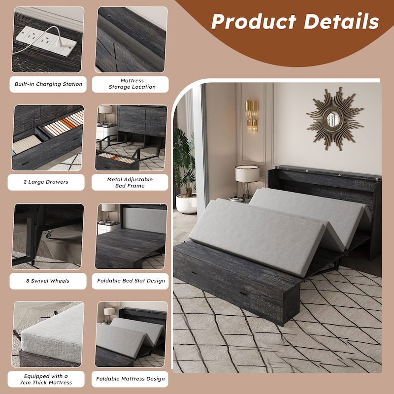 Hidden Folding Murphy Bed with Storage Drawers/Charging Station/Foldable Mattress/Full Size Mobile Cabinet Bed Frame/Noise-free