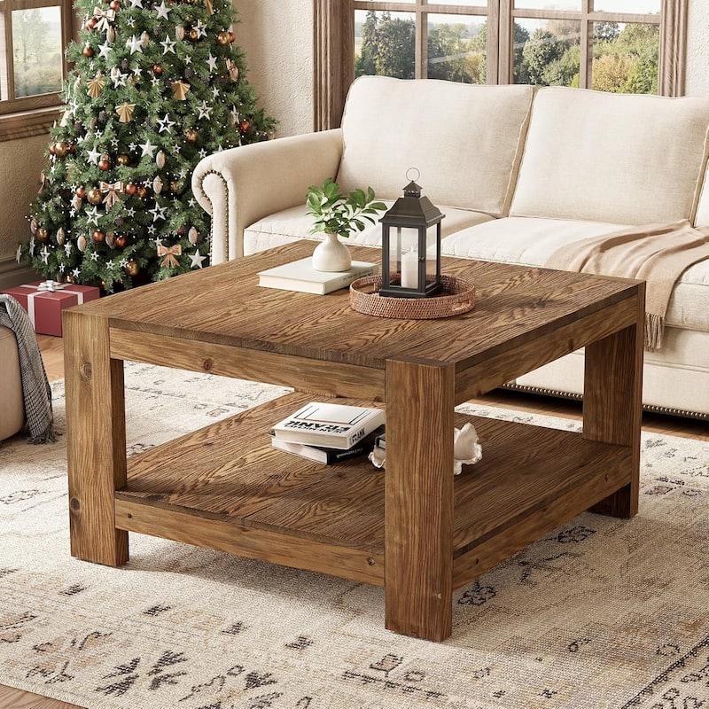 2-Tier Solid Wood Coffee Table, 31.5" Square Farmhouse Center Table with Storage Shelf for Living Room