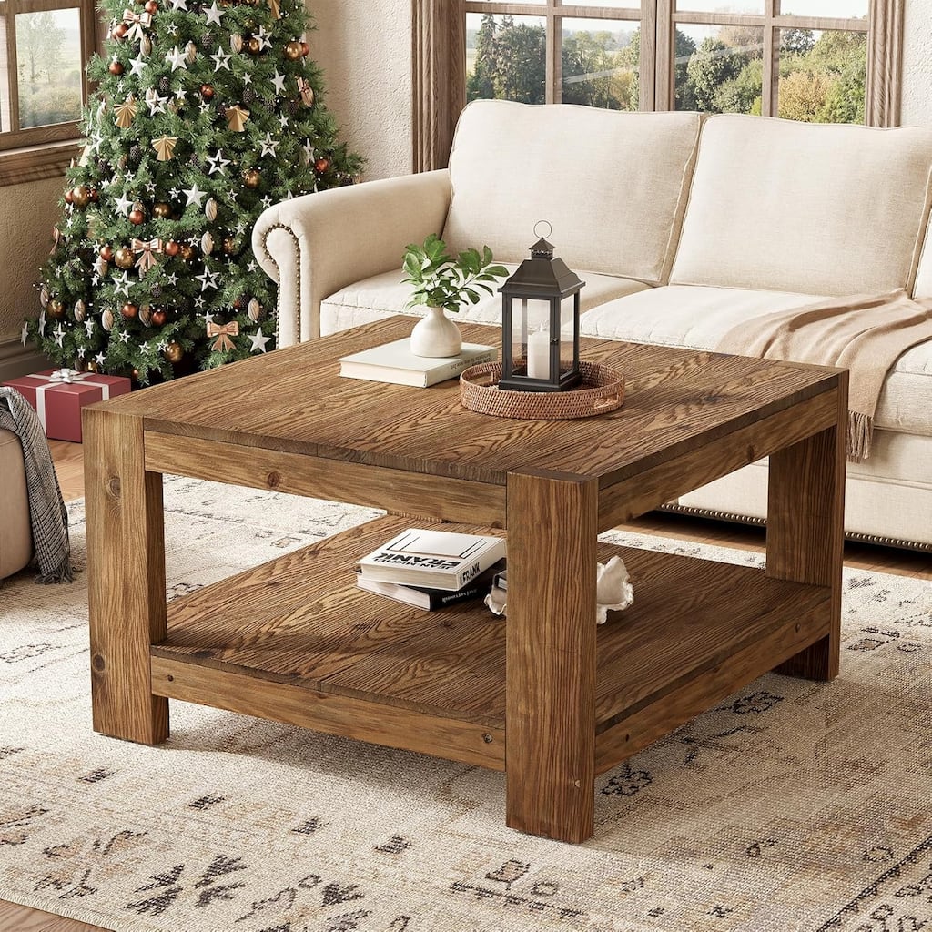 31.5" Square Farmhouse Solid Wood Coffee Table with Storage Shelf for Living Room, Small Space, Office,