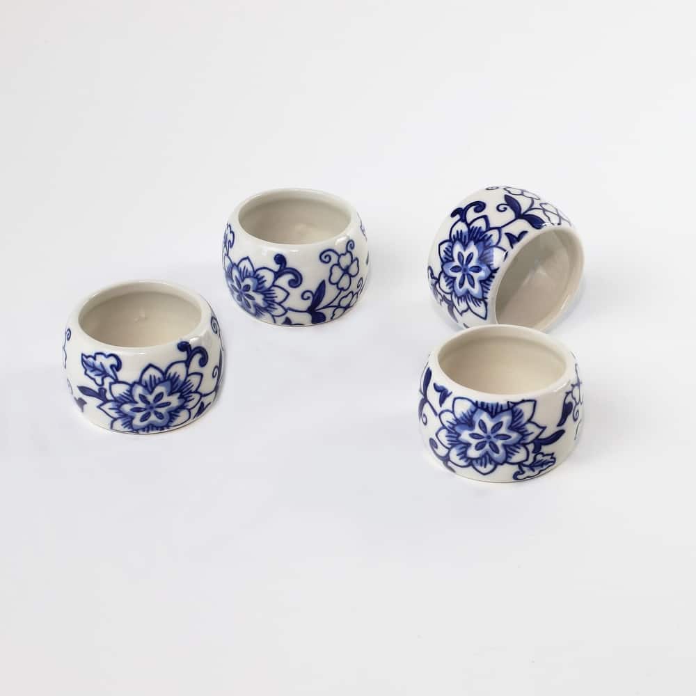 Euro Ceramica Blue Garden Napkin Rings (Set of 4) - 1.9 x 1.9 x 1.3