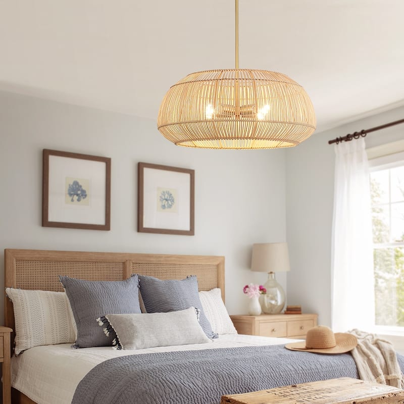 4 - Light Rattan Pendant Chandelier with Brass Canopy - 22 in
