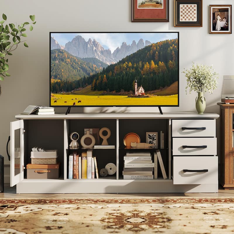 Gymax 63'' Media Console Table w/ 3 Drawers 2 Glass Shelves Cable
