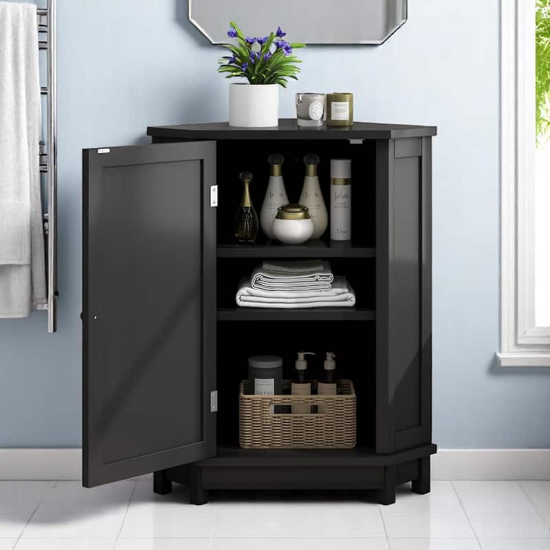 Triangle Corner Bathroom Storage Cabinet with Adjustable Shelves, MDF Space-Saving Organizer with Doors