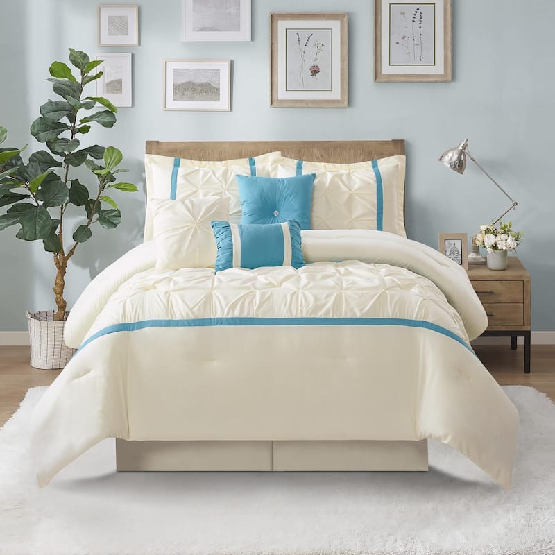 Nanshing Regala 7 Piece Minimalist Pinch Pleat Comforter Set - Beige Blue - King