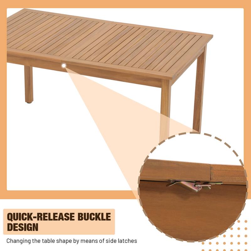 Outdoor Wooden Dining Table Set with 6 Woven Rope Chairs