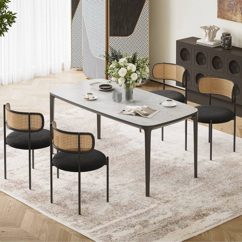 Set of 2 Upholstered Dining Chairs with Rattan Back and Metal Legs