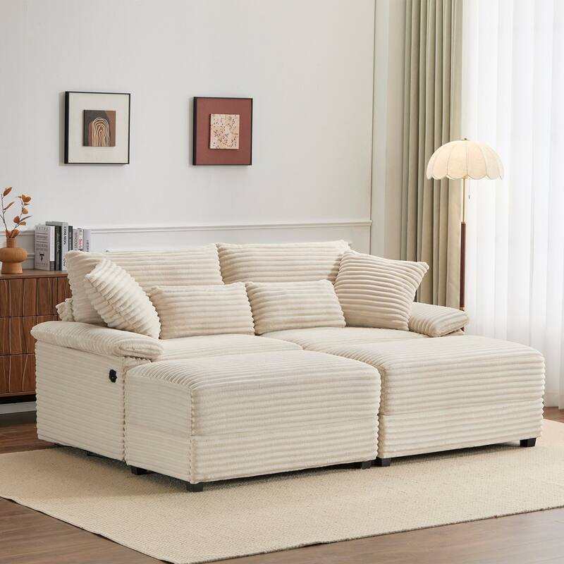 Double Chaise Lounge Set with Reversible Ottoman - Soft Corduroy Fabric, Storage Ottomans,USB Port, Multi-Functional Seat/Table