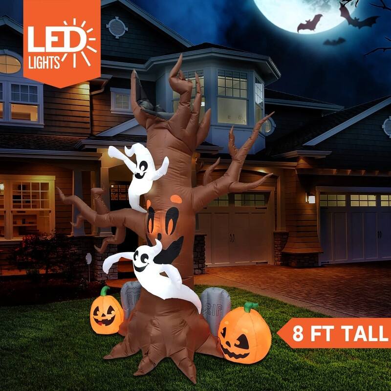 Joyfy 8 FT Inflatable Scary Tree With Ghost and Pumpkins