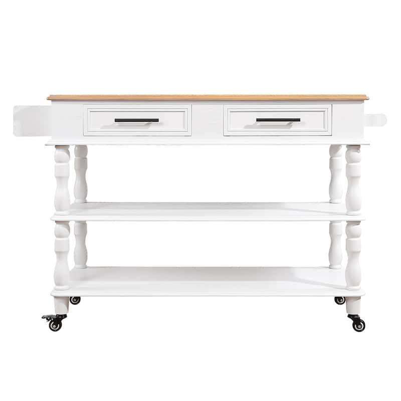 Rolling OAK Wood Top Kitchen Cart with Wine Rack and 2 Drawers