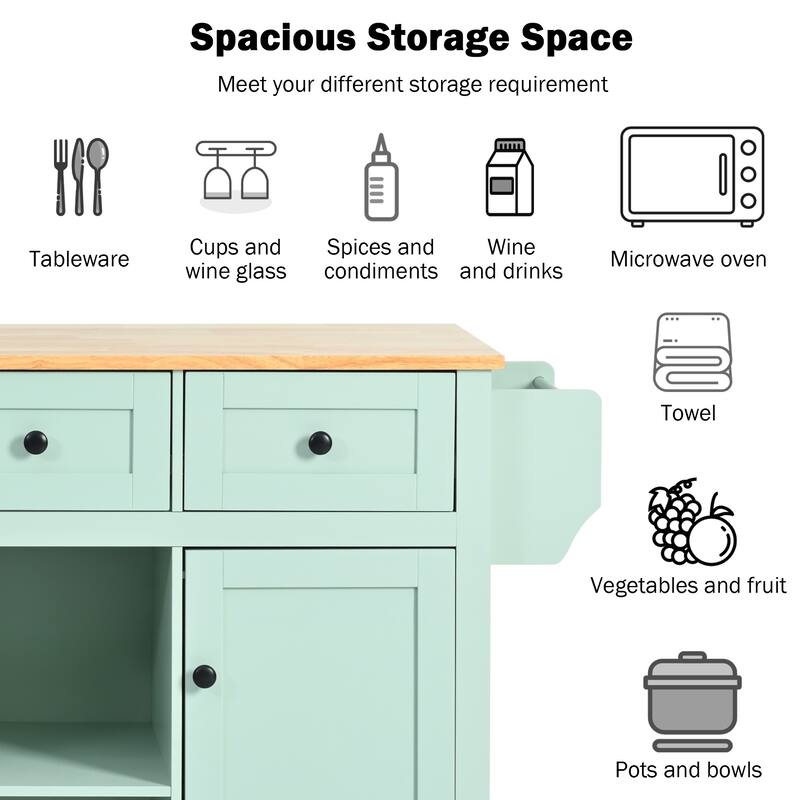 Rolling Kitchen Island Cart with Rubberwood Drop-Leaf Countertop, Storage Cabinet, Drawers & Adjustable Shelves