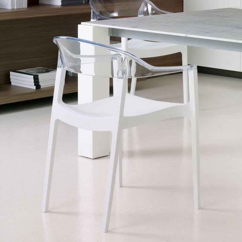 32" White and Clear Transparent Stackable Outdoor Patio Dining Arm Chair