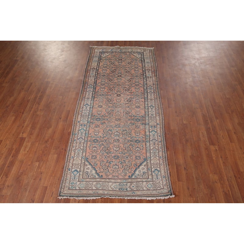 Geometric Hamedan Vintage Persian Runner Rug Handmade Wool Carpet - 3'9" x 8'8"