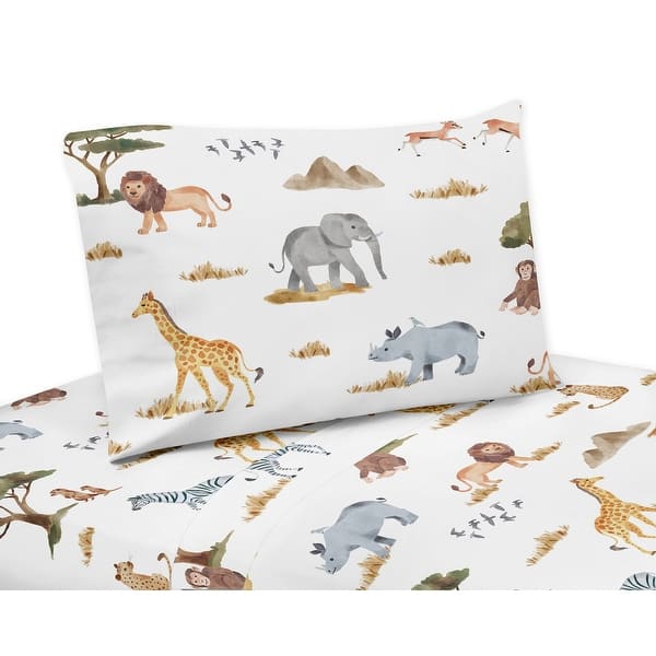 slide 2 of 2, Jungle Animals 3pc Twin Sheet Set Hunter Green Yellow Grey Black and White Safari Animal Elephant Giraffe Lion Monkey Leopard