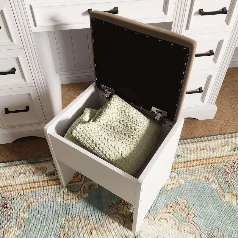 47.2" Farmhouse Makeup Vanity Desk with Sliding Mirror, Large Vanity Set with LED Lights