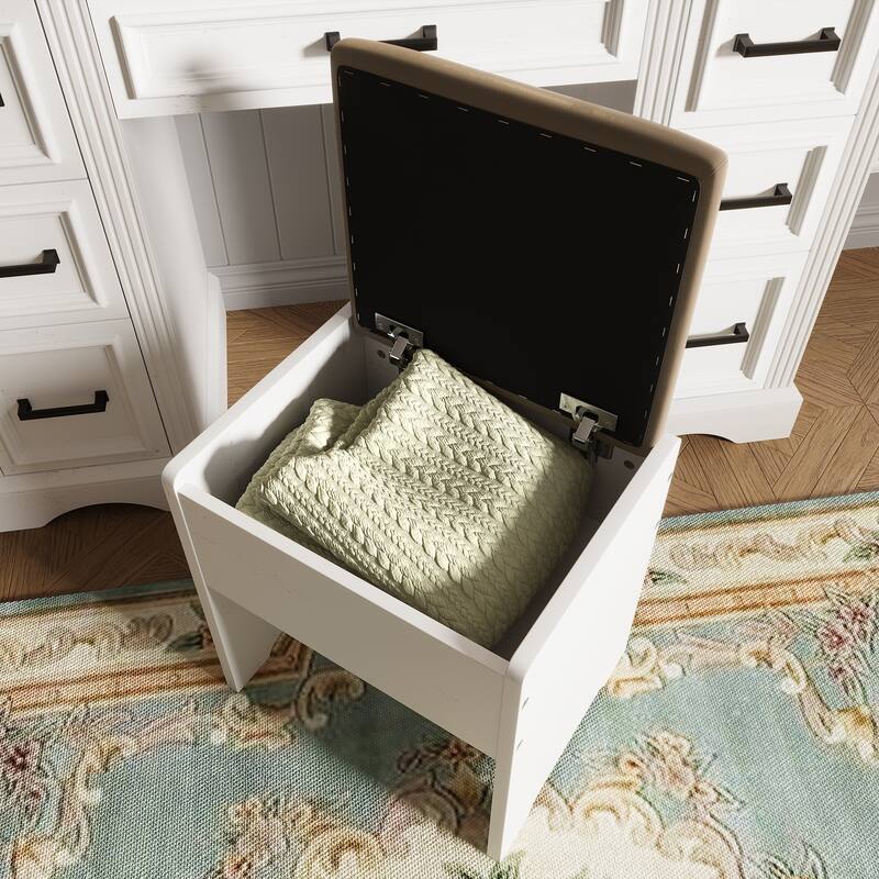 47.2" Farmhouse Makeup Vanity Desk with Sliding Mirror & LED Lights, 9-Drawer Dressing Table with Stool