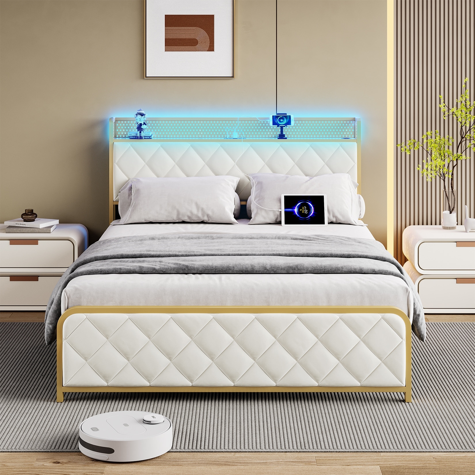 Velvet Upholstered Platform Bed with LED Light Headboard, USB Ports & Outlets