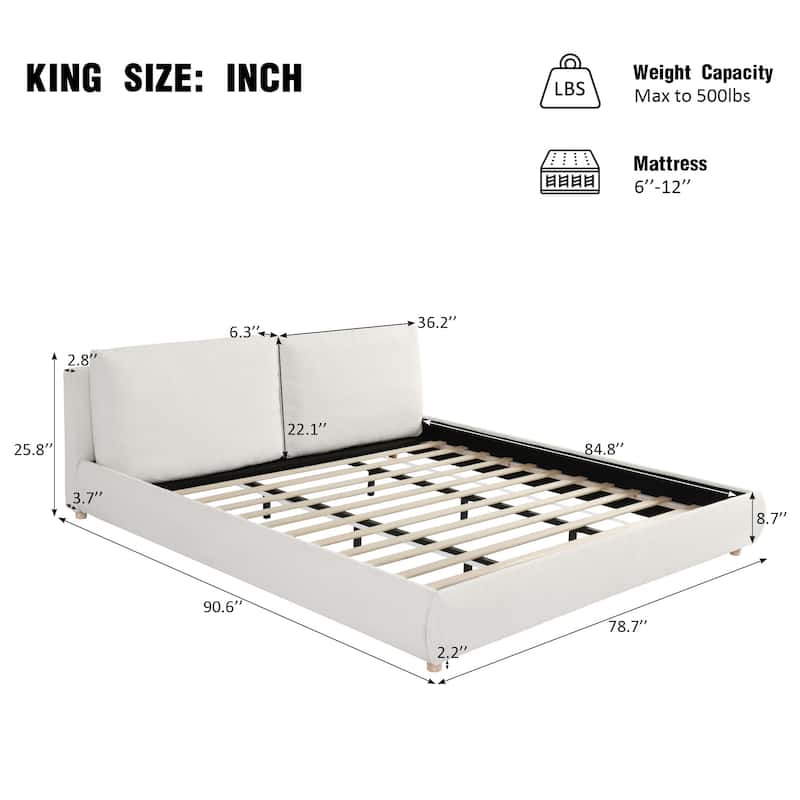 White Low-Profile Platform Bed Boucle Fabric Upholstered Frame with Wood Slat Metal Legs Support, 2 Removable Pillows Headboard