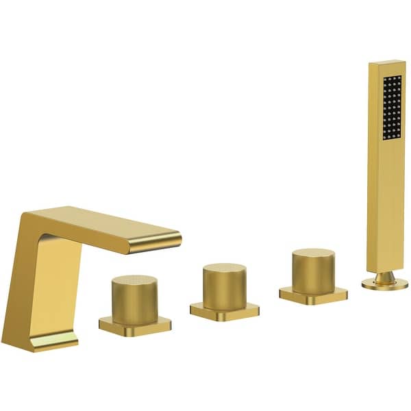 slide 2 of 14, Roman Tub Faucet with Handheld Shower 3-Handle Deck Mount Bathtub Faucet Set Brushed Gold