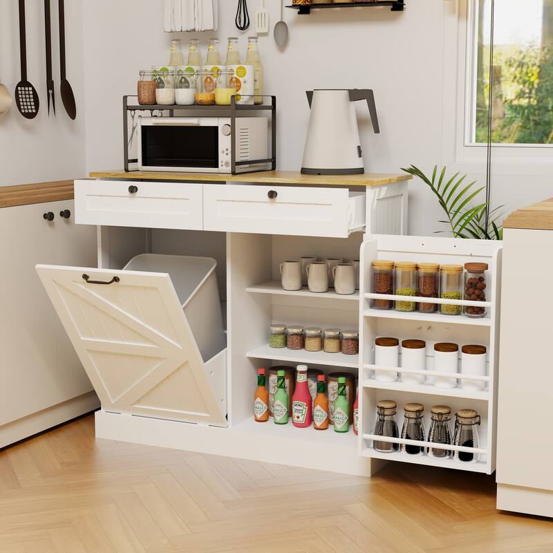 Anmytek Kitchen Trash Can Storage Cabinet with Drawers Tilt Out Door Shelves White Farmhouse