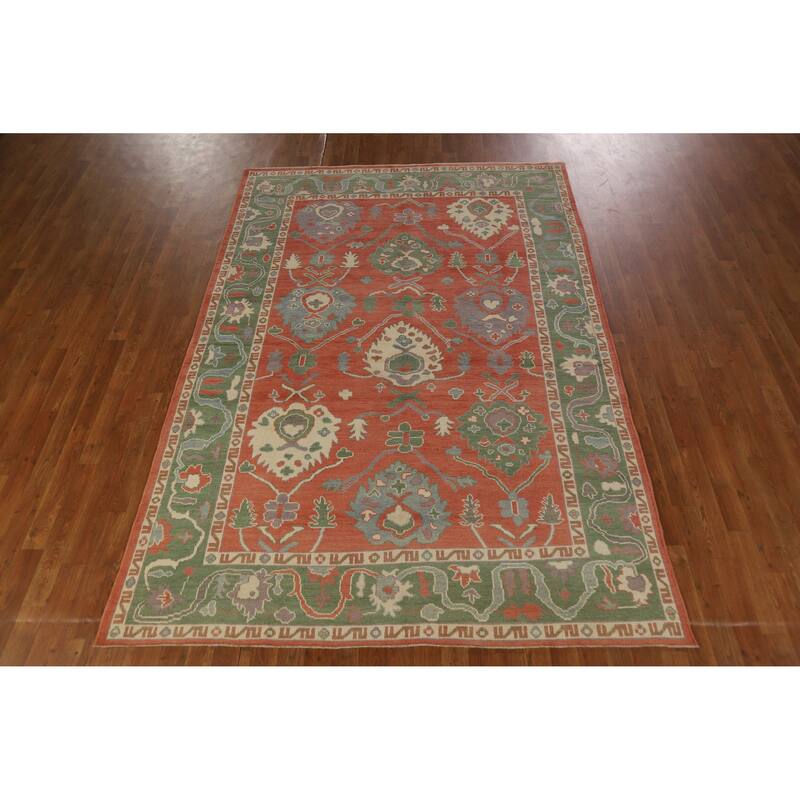 Hand Knotted Oriental 100% Wool Carpet Transitional All-Over Oranges & Rust Oushak Area Rug - 8' 10'' X 6' 1''