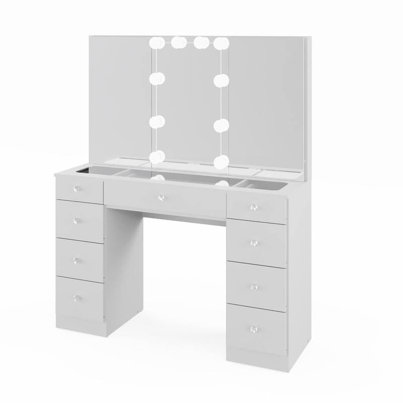 Boahaus w/Tri-Fold Lighted Makeup Vanity Desk With Glam Glass Top 9 Drawers