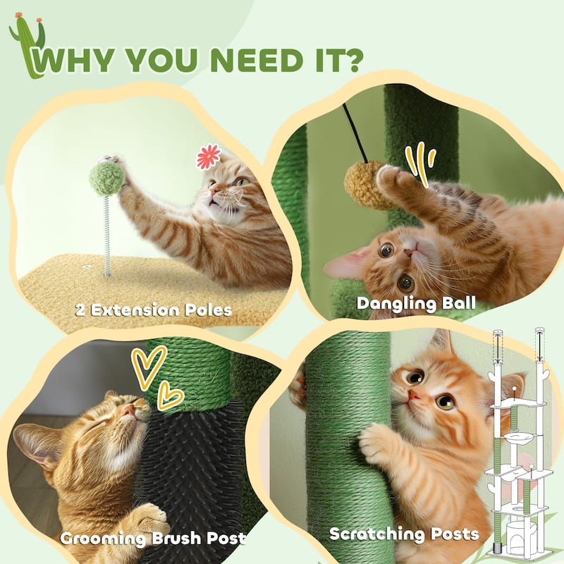 PawHut 89"-100" Floor to Ceiling Cat Tree w/ Grooming Brush Post, Green