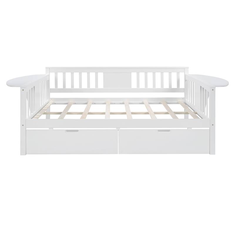 Full-size Daybed Sofa Bed with Two Drawers, Handrails, and Wood Slat Support