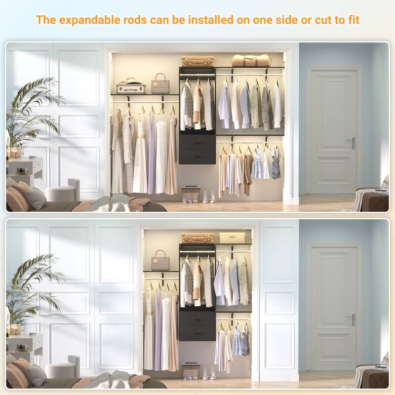 96'' Hanging Closet System with 3 Hanging Rod ＆ 3 Shelving Towers ＆ 2 Drawers,8FT Walk in Closet Organizer System
