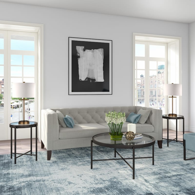 36 Inch Glass and Steel Round Coffee Table Modern Living Room - 36” x 36” x 16”