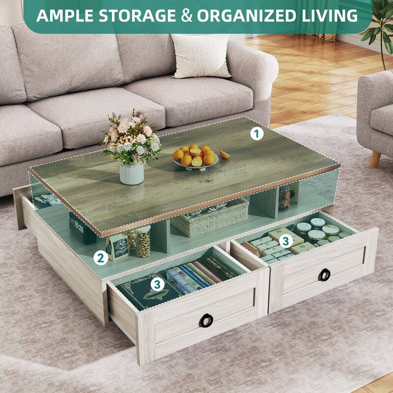 Moasis Modern Glossy Coffee Table with Drawers & LED Lights for Living Room
