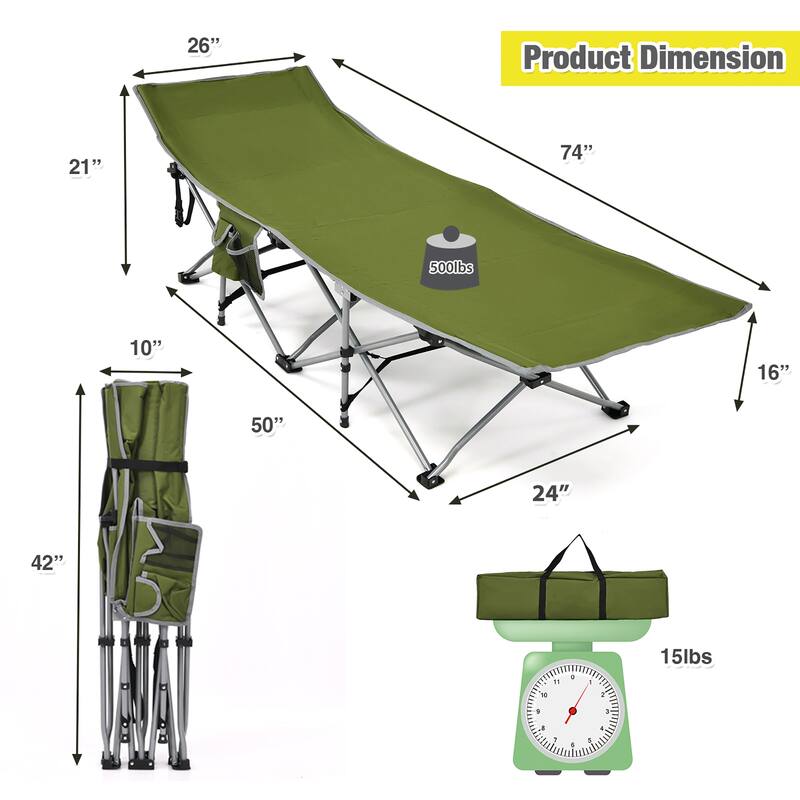 Folding Camping Cot Heavy-Duty Outdoor Cot Bed w/ Side Storage Pocket - 74'' x 26'' x 15.7''