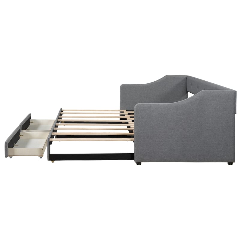 Twin XL to King Size Linen Fabric Daybed, Pull Out Upholstered Platform Sofa Bedframe with 2 Drawers, Wood Slats Support