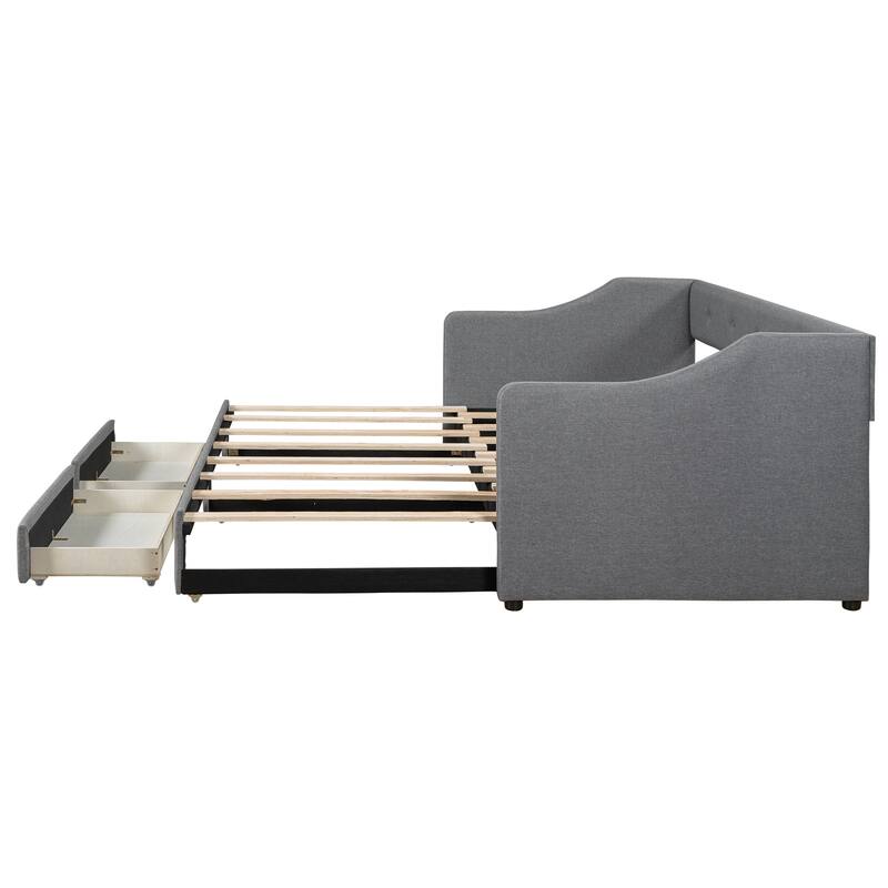 Twin XL to King Upholstered Daybed with Two Storage Drawers, Expandable Design, No Box Spring Required