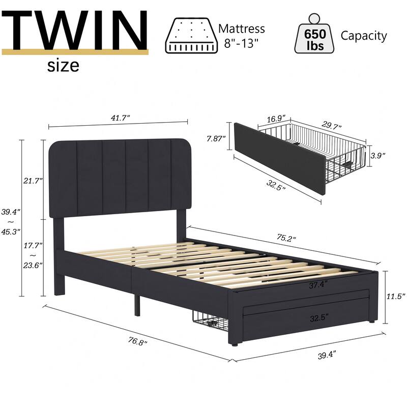 VECELO 2-Pack Kid Bed Frame Set Twin Size Platform Bed with Adjustable Upholstered Headboard Storage Drawer No Box Spring Needed