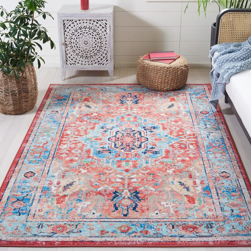 SAFAVIEH Riviera Machine Washable Slip Resistant Verona Oriental Rug - 9' x 12' - Light Blue/Red