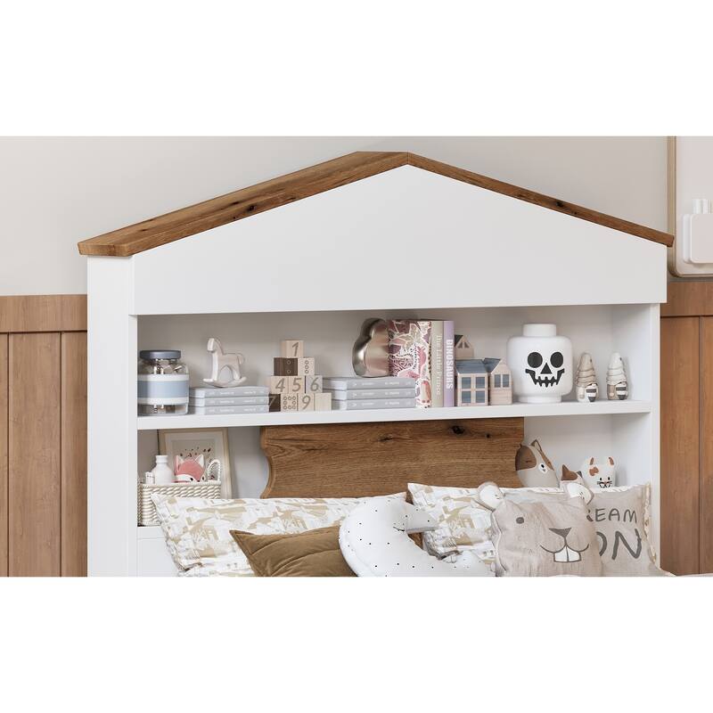 Twin Size House-Shaped Wooden Bed with Storage Shelf on the Headboard, Built-in Two Storage Drawers