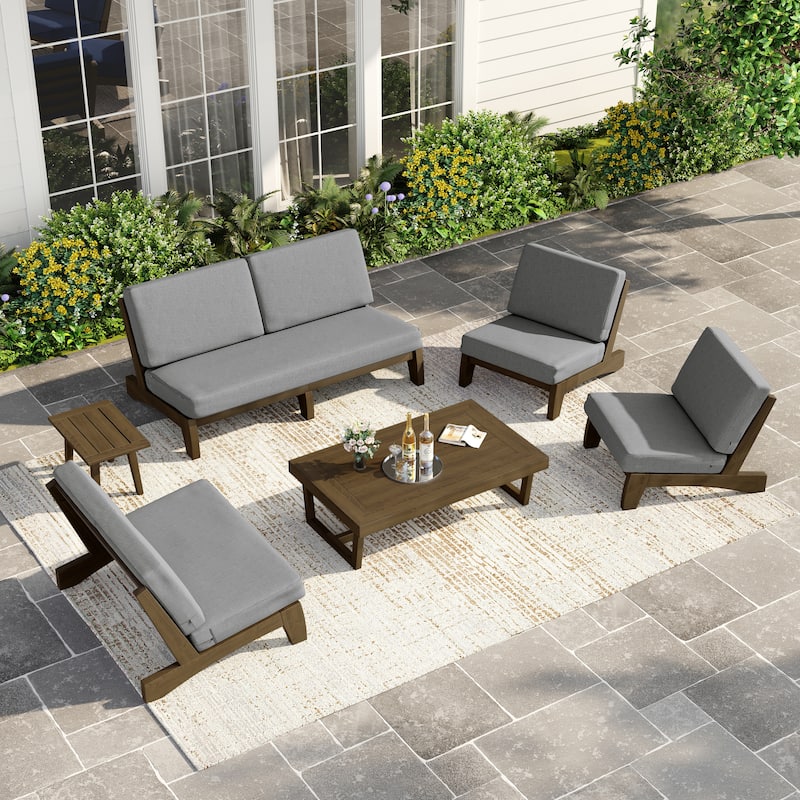 Casual Large Teak Outdoor Patio Conversation Set - Natural Wood - Grey-6 Piece