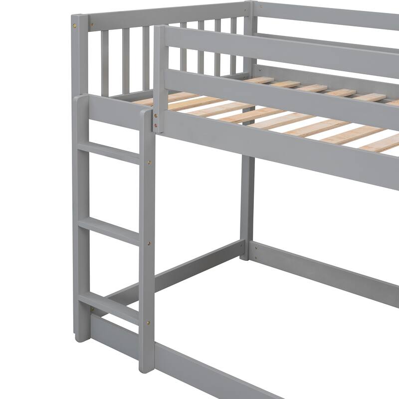 Floor Bunk Bed with Movable Storage Cabinet, Solid Wood Bunkbeds Frame