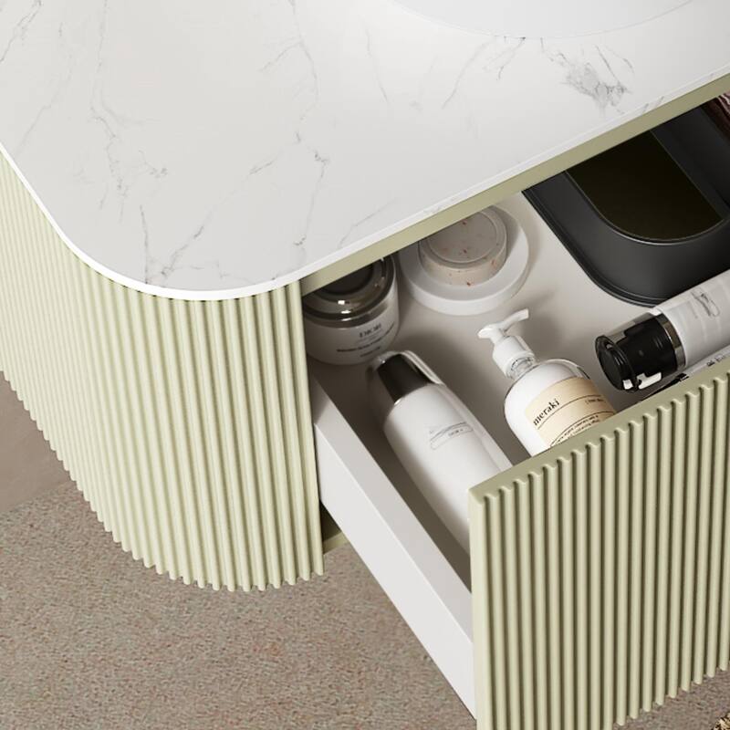 GDFStudio - Dina Modern 24" Floating Bathroom Vanity with Striped Curved Drawer & White Round Ceramic Basin, WITHOUT Faucet - Light Green