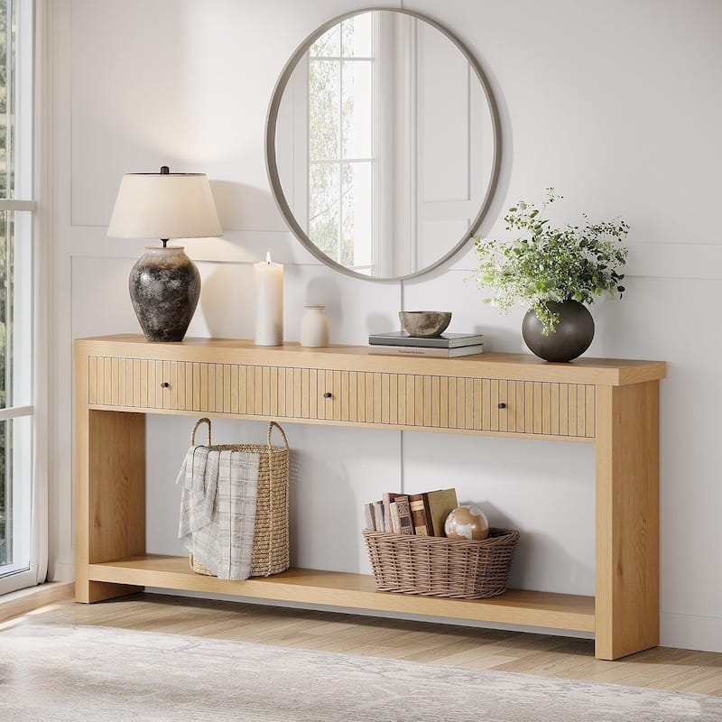 Extra Long Wood Console Table, Oak Sofa Entryway Table with 3 Drawers & Storage Shelves for Living Room, Hallway, Foyer