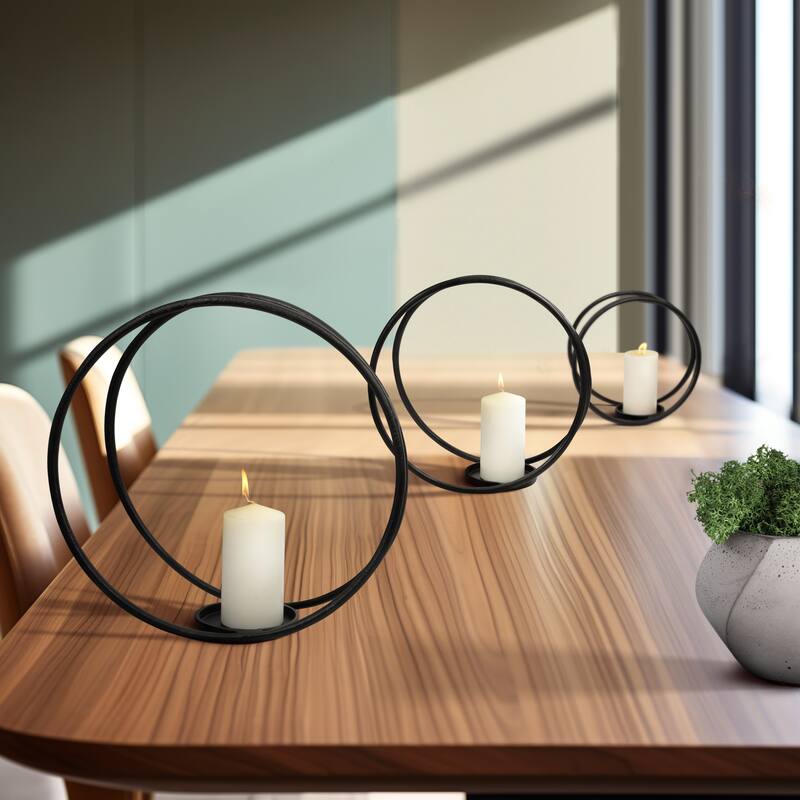 Sagebrook Home Modern Round Metal Double Ring Candle Holder, Set of Three - 16" x 8" x 16" - 16" x 8" x 16" - Black