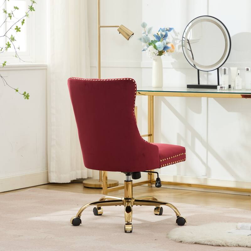 Velvet Swivel Office Chair with Wheels, Tufted Button Home Office Chair, Adjustable Vanity Chair with Metal Base