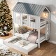 preview thumbnail 1 of 14, Artsy Twin over Twin House Bunk Bed with Trundle, Sturdy Roof and Windows, Playful Design, Space-saving, White White
