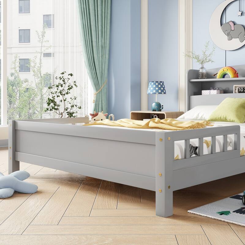Full Size Platform Bed with LED Motion Sensor Light, Bookcase & Adjustable Guardrails