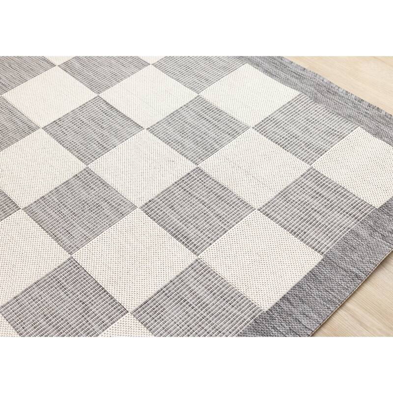 Jackson Collection - Grey Cream Border Checkerboard Indoor Outdoor Area Rug