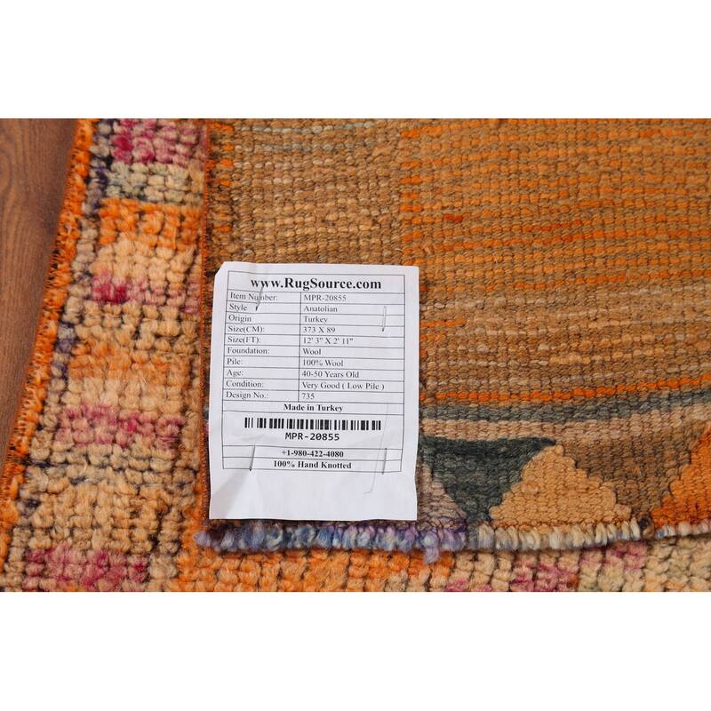 Anatolian Turkish Vintage Runner Rug Hand-Knotted Wool Carpet - 2'11"x 12'3"