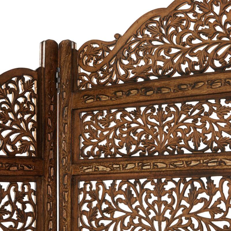 Wooden Floral Handmade Foldable Arched 4 Panel Room Divider Screen with Intricately Carved Designs - Brown - Roche River Decor