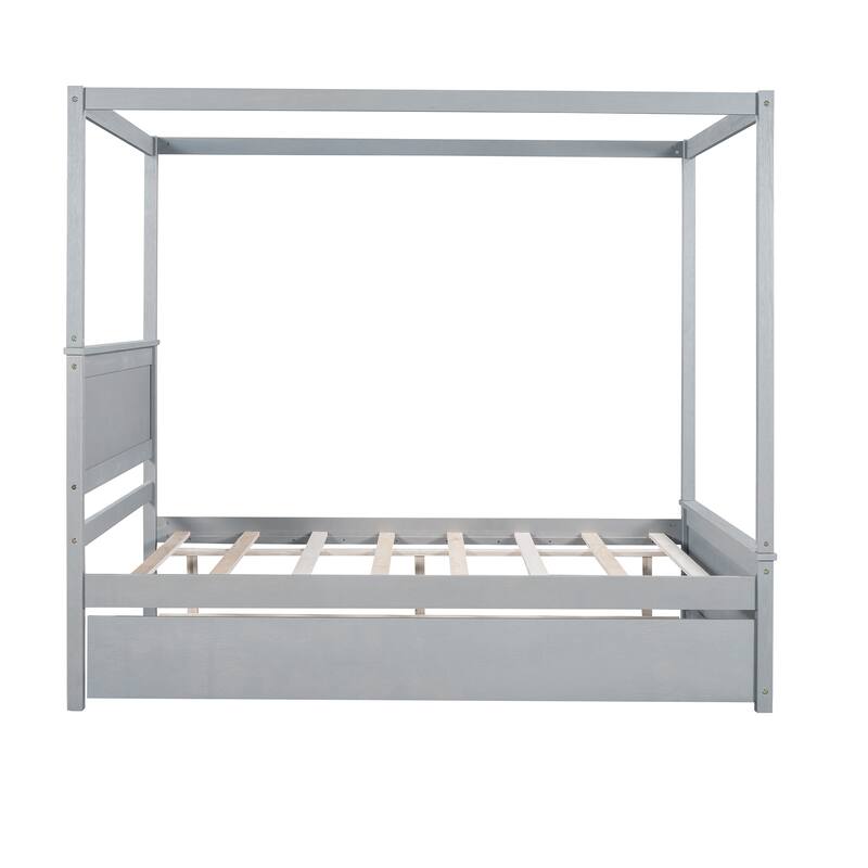 Full Size Wood Frame Platform Canopy Bed with Trundle